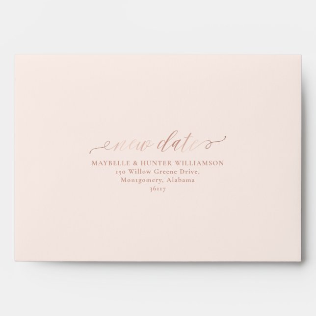 Same Plan New Date Black & Rose Gold Calligraphy Envelope (Front)