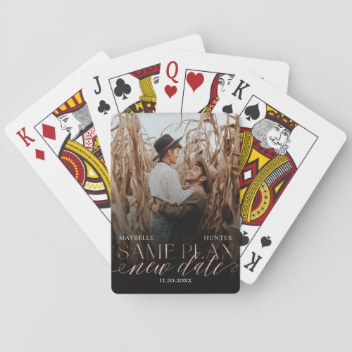 Same Plan New Date Black  Rose Gold Couple Photo Poker Cards