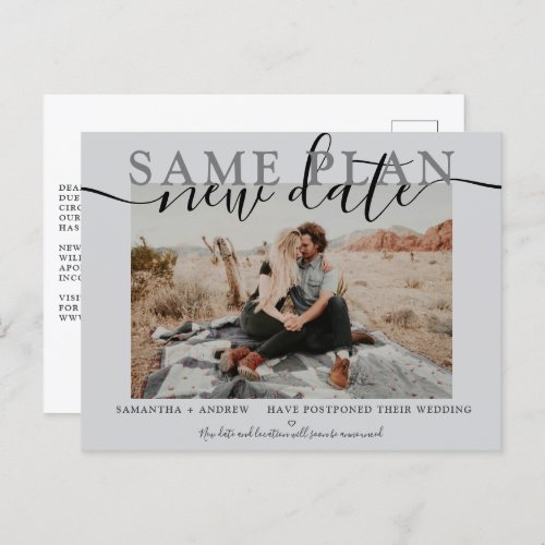Same plan new date gray typography photo announcement postcard