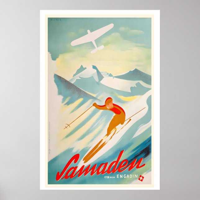 Samedan Engadin Switzerland Vintage Ski Poster (Front)