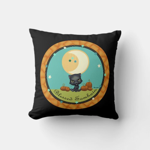Samhain Black Cat Moon Stars Decorative Pillow