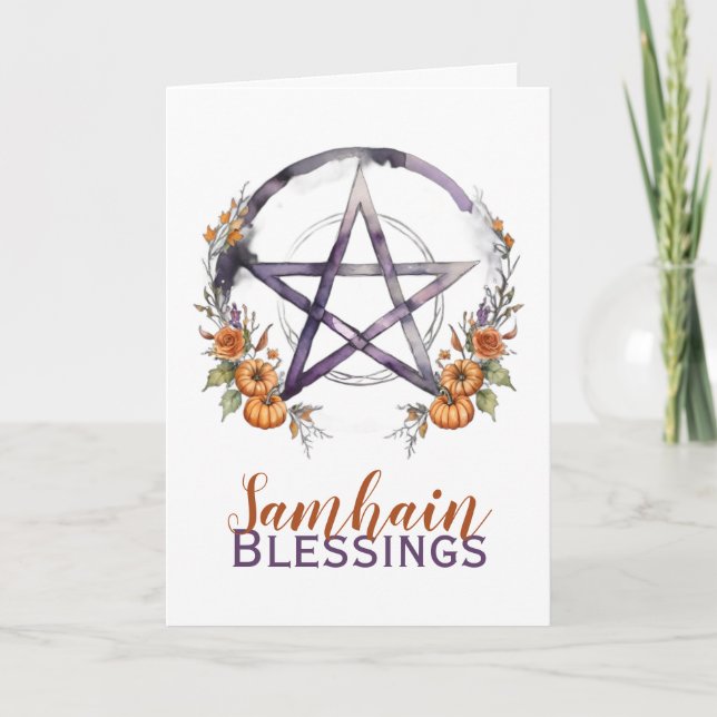 Samhain Blessings Pumpkins & Pentacle Halloween Holiday Card (Front)