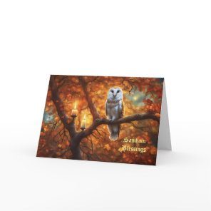 Samhain Blessings with Owl Autumn Leaves Mystic Card