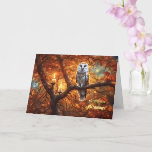 Samhain Blessings with Owl Autumn Leaves Mystic Card