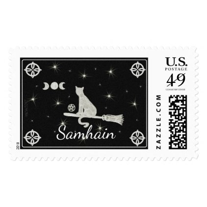 Samhain Magick Cat on Broom Black and White Postage