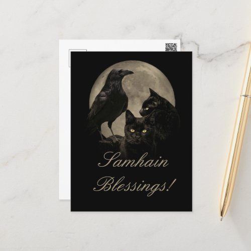 Samhain Raven and Black Cat Pagan  Postcard