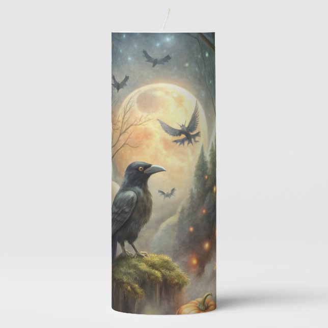 Samhain Raven Full Moon  Pillar Candle (Front)