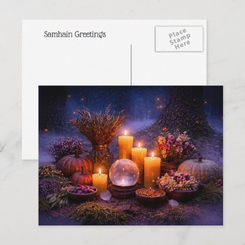 Samhain with Candles Crystal Fall Foliage Flowers Holiday Postcard