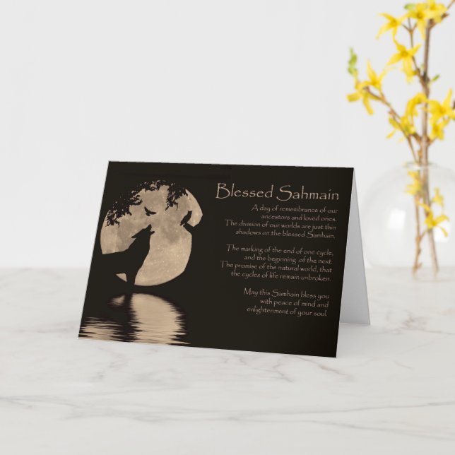 Samhain with Owl Wolf Raven and Moon Sabbat Card (Yellow Flower)