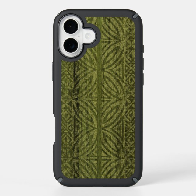 Samoan Tapa Hawaiian Faux Wood Surfboard Green Speck iPhone Case (Front)