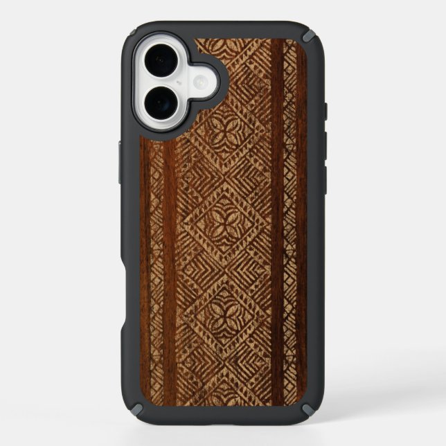 Samoan Tapa Hawaiian Faux Wood Surfboard Koa Speck iPhone Case (Front)