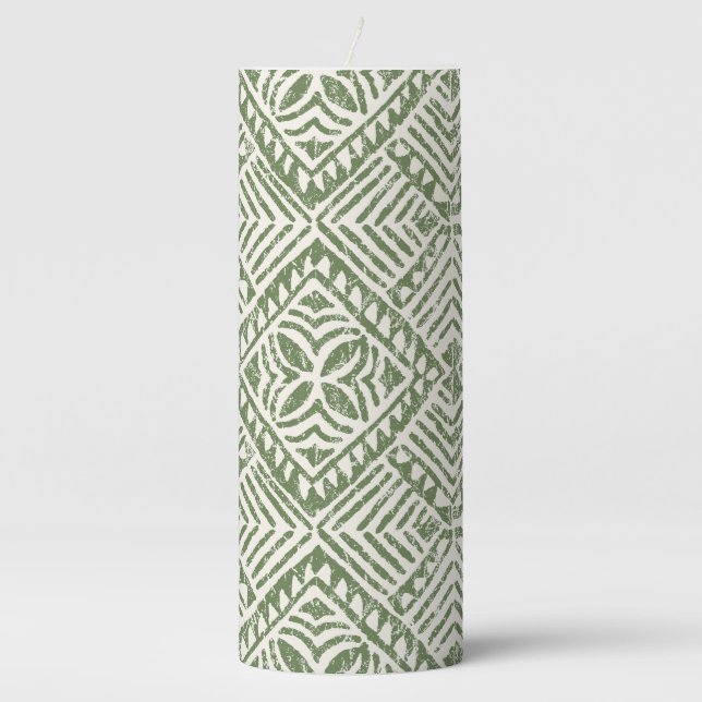Samoan Tapa Polynesian Diamond Tile Olive Pillar Candle (Front)