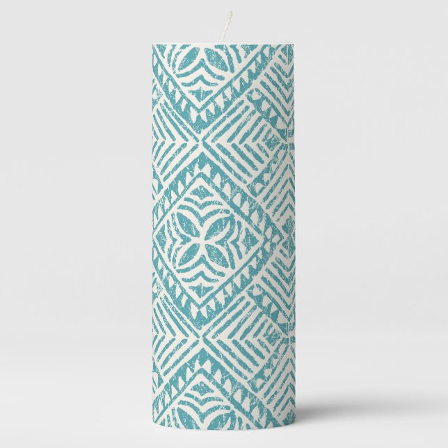 Samoan Tapa Polynesian Diamond Tile Teal Pillar Candle (Front)