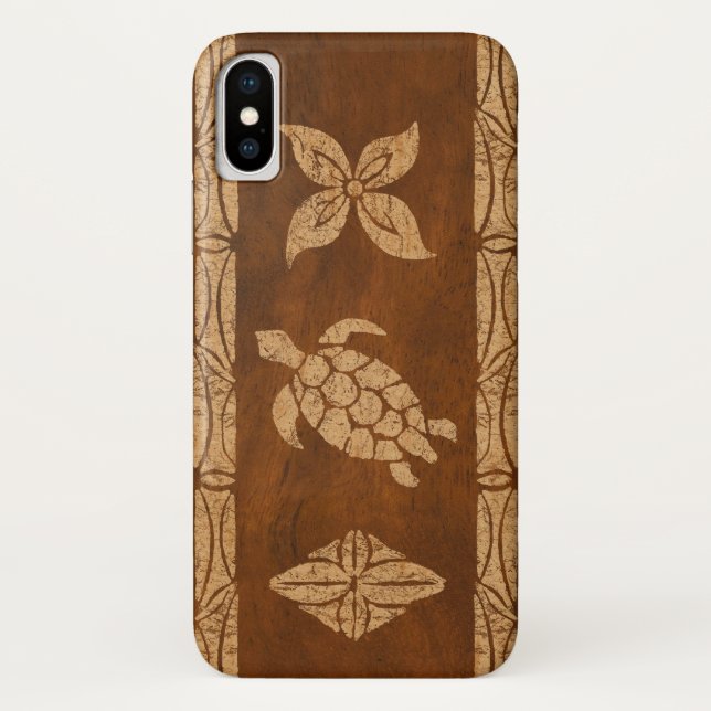 Samoan Turtle Totem Faux Koa Wood Surfboard Case-Mate iPhone Case (Back)