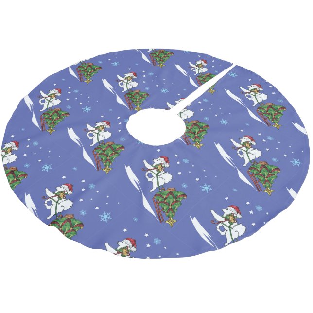 Samoyed Bringing the Christmas Tree Home Brushed Polyester Tree Skirt (Angled)