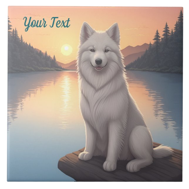 Samoyed by Lake Ceramic Tile (Front)