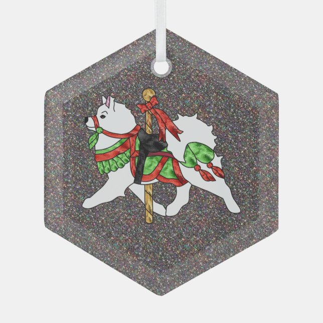 Samoyed Carousel Horse Glass Hexagonal Ornament BK (Front)