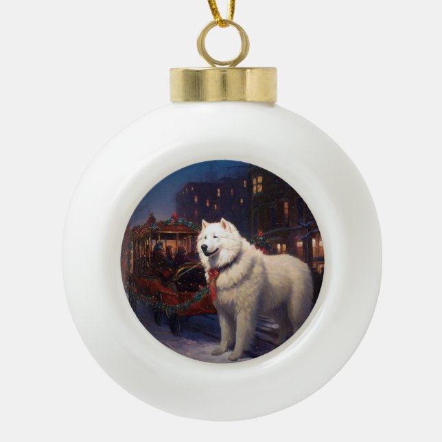 Samoyed Christmas Festive Season  Ceramic Ball Christmas Ornament (Front)