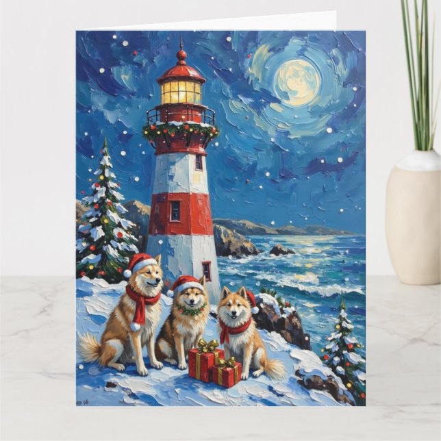 Samoyed Christmas Lighthouse Holiday Card (Front)
