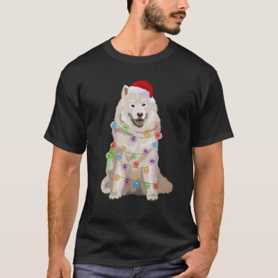 Samoyed Christmas Lights Xmas Dog Lover Santa Hat  T-Shirt