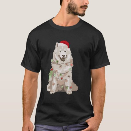 Samoyed Christmas Lights Xmas Dog Lover Santa Hat T_Shirt
