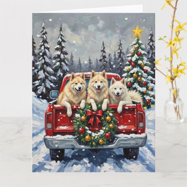 Samoyed Christmas Red Truck Holiday Card (Yellow Flower)