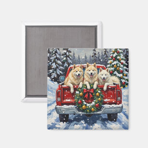 Samoyed Christmas Red Truck Holiday Magnet