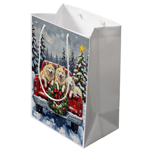 Samoyed Christmas Red Truck Holiday Medium Gift Bag (Back Angled)