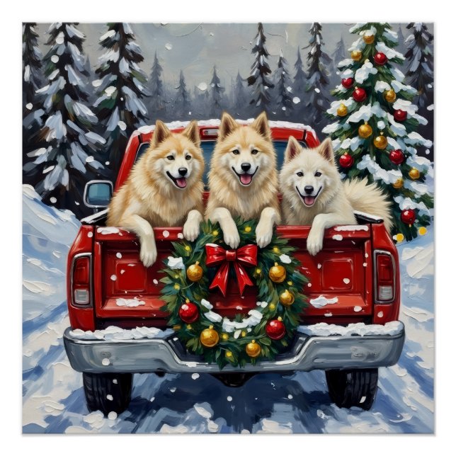 Samoyed Christmas Red Truck Holiday Poster (Front)