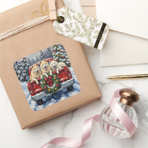 Samoyed Christmas Red Truck Holiday Square Sticker