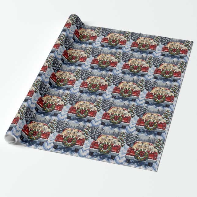 Samoyed Christmas Red Truck Holiday Wrapping Paper (Unrolled)