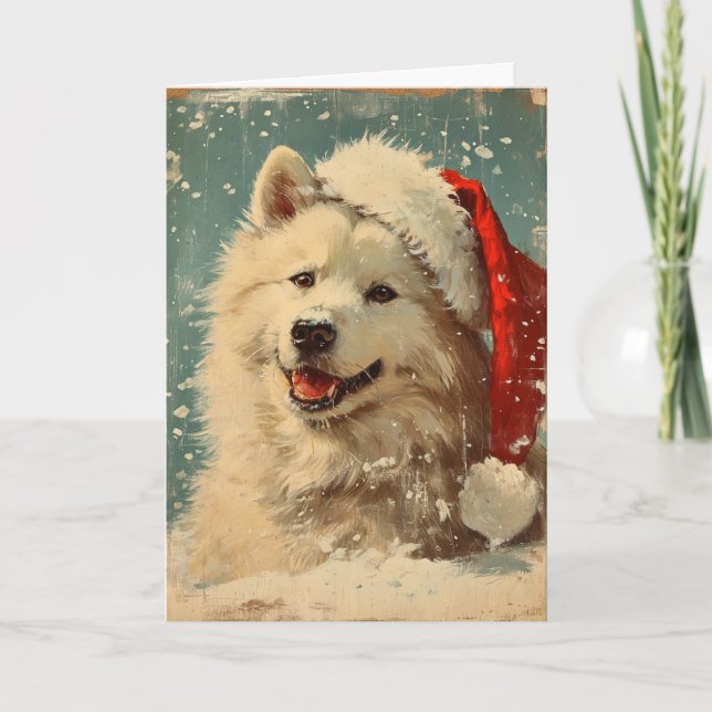 Samoyed christmas vintage personalized holiday card (Front)