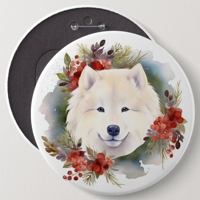Samoyed Christmas Wreath Festive Pup  Button (Front & Back)