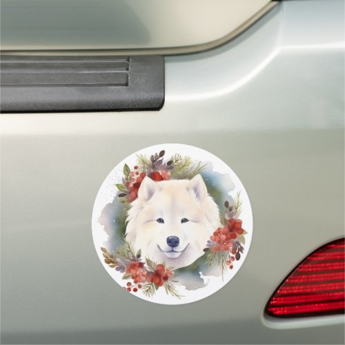 Samoyed Christmas Wreath Festive Pup  Car Magnet