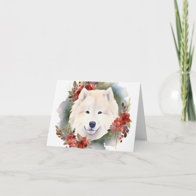 Samoyed Christmas Wreath Festive Pup  Card (Front)