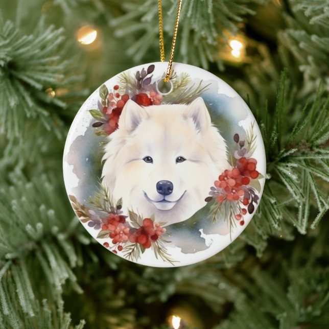 Samoyed Christmas Wreath Festive Pup  Ceramic Ornament (Tree)
