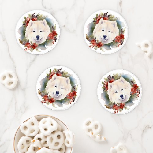 Samoyed Christmas Wreath Festive Pup  Coaster Set