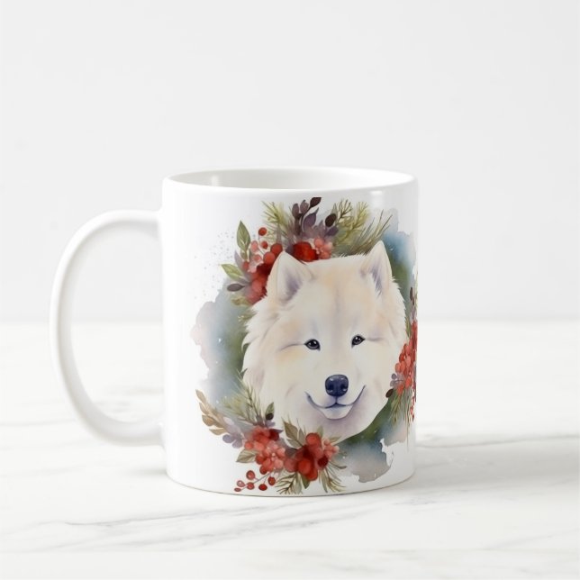 Samoyed Christmas Wreath Festive Pup  Coffee Mug (Left)