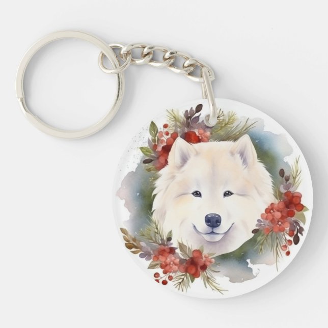 Samoyed Christmas Wreath Festive Pup  Keychain (Front)