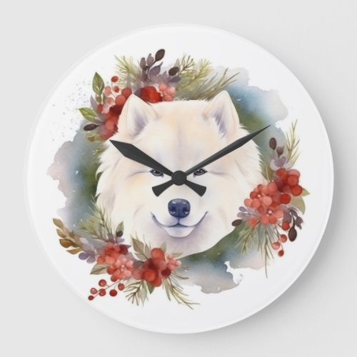 Samoyed Christmas Wreath Festive Pup  Large Clock