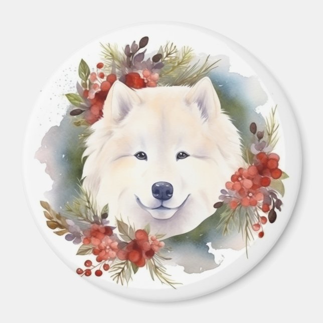 Samoyed Christmas Wreath Festive Pup  Magnet (Front)