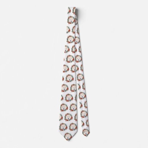 Samoyed Christmas Wreath Festive Pup  Neck Tie