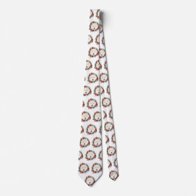 Samoyed Christmas Wreath Festive Pup  Neck Tie (Front)