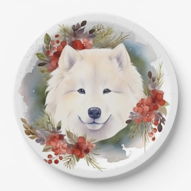 Samoyed Christmas Wreath Festive Pup  Paper Plates (Front)