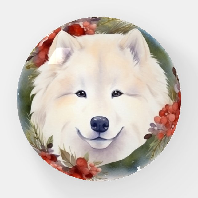 Samoyed Christmas Wreath Festive Pup  Paperweight (Front)
