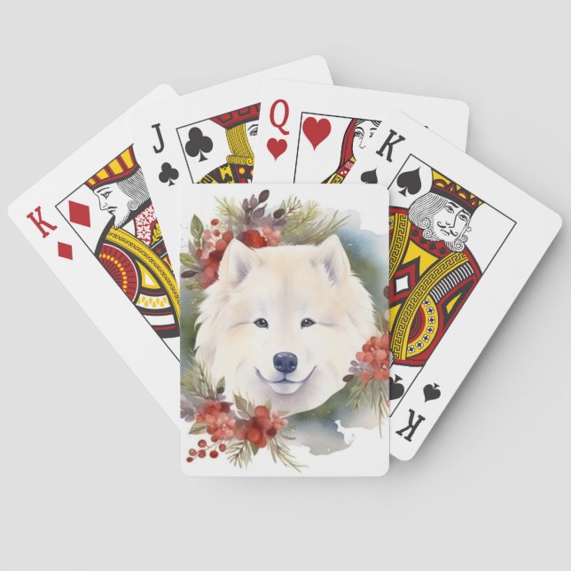 Samoyed Christmas Wreath Festive Pup  Poker Cards (Back)