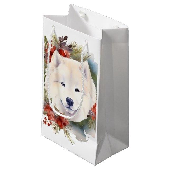 Samoyed Christmas Wreath Festive Pup  Small Gift Bag (Front Angled)