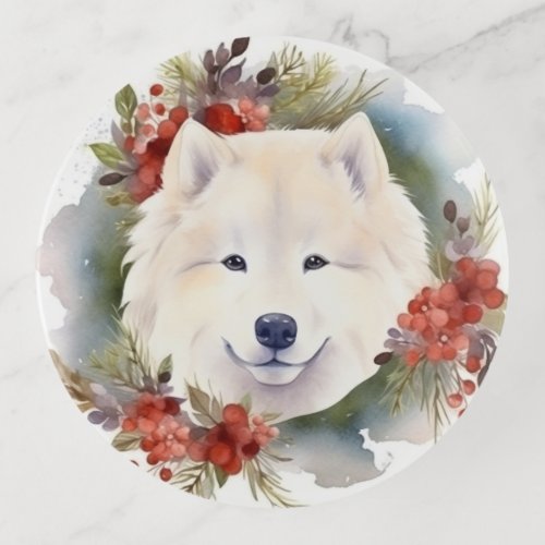 Samoyed Christmas Wreath Festive Pup  Trinket Tray