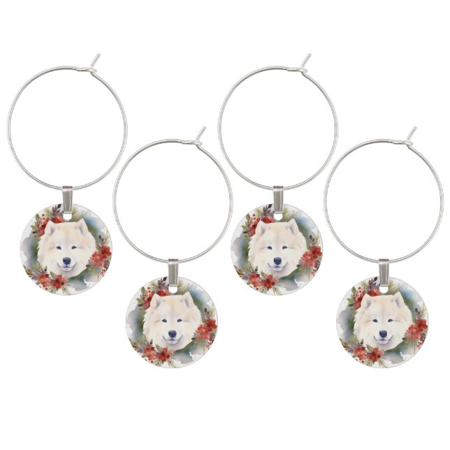 Samoyed Christmas Wreath Festive Pup  Wine Charm (Staggered)