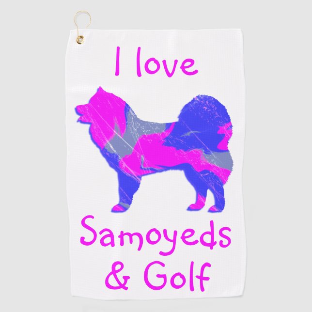 Samoyed Cute Pink Dog Silhouette Monogram Golf Towel (Front)